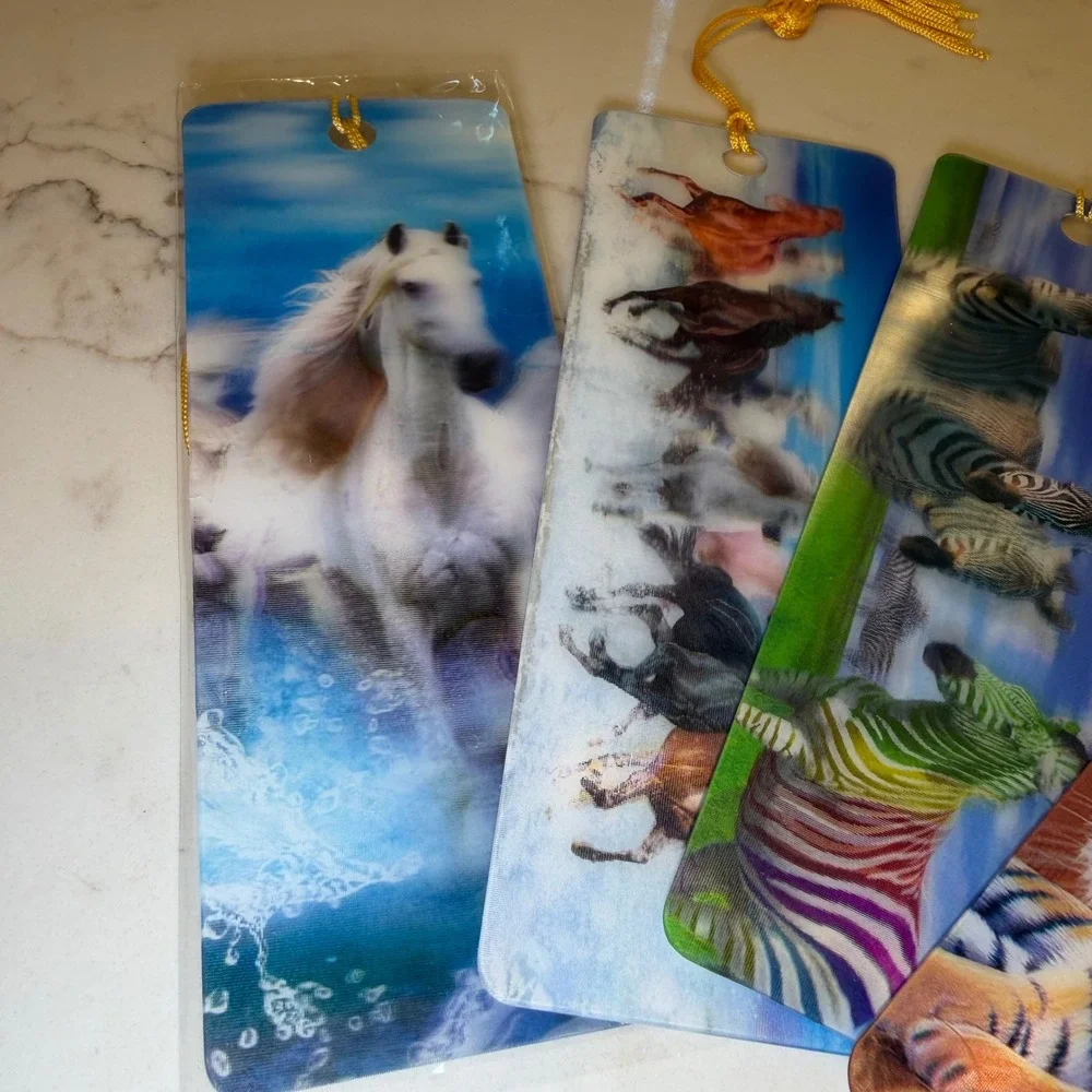 Advanced 3D Bookmark Lot of 4 Lenticular Motion Animals Tiger Horse Zebra Tassel